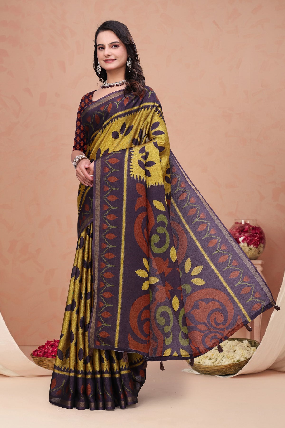Mustard Purple Mal Cotton Printed Saree with Designer Pallu for Women