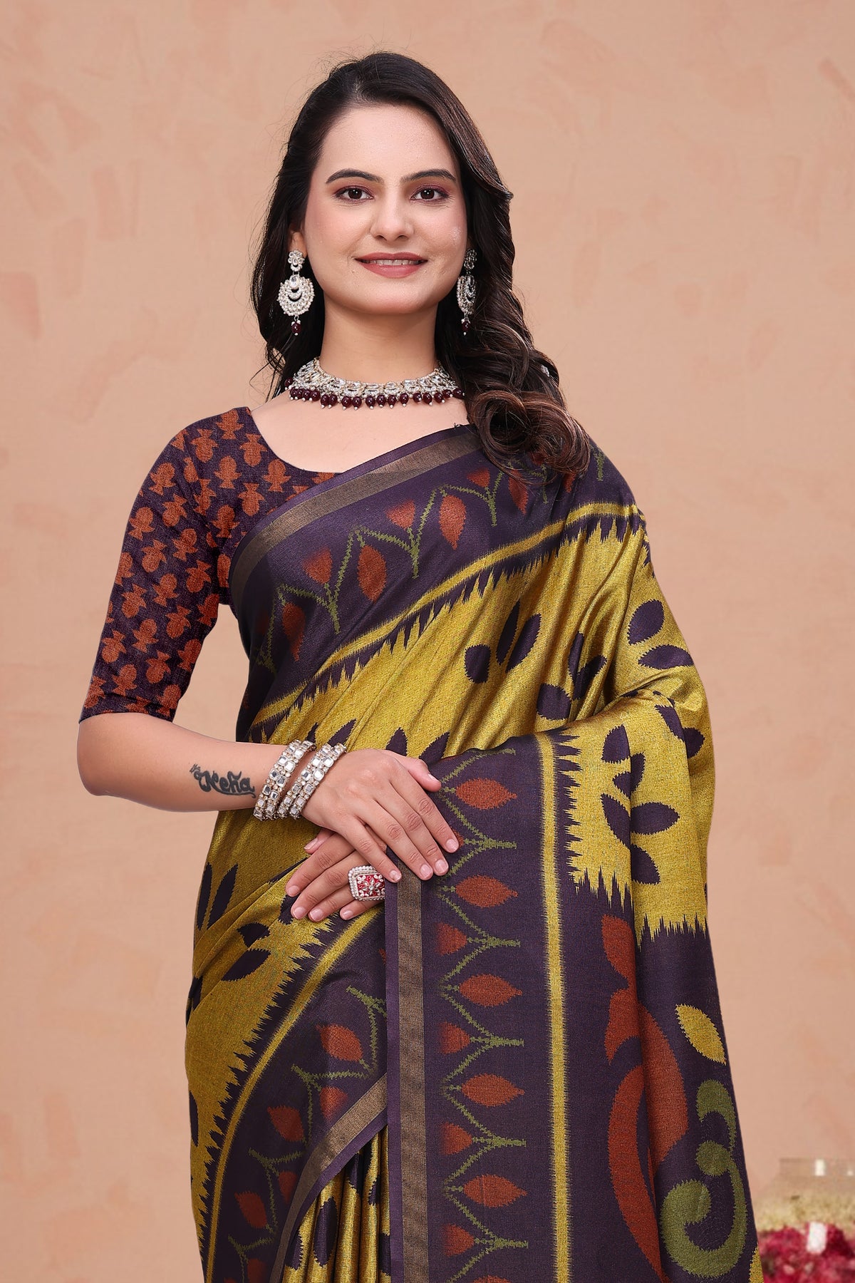 Mustard Purple Mal Cotton Printed Saree with Designer Pallu for Women