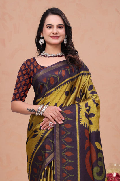 Mustard Purple Mal Cotton Printed Saree with Designer Pallu for Women