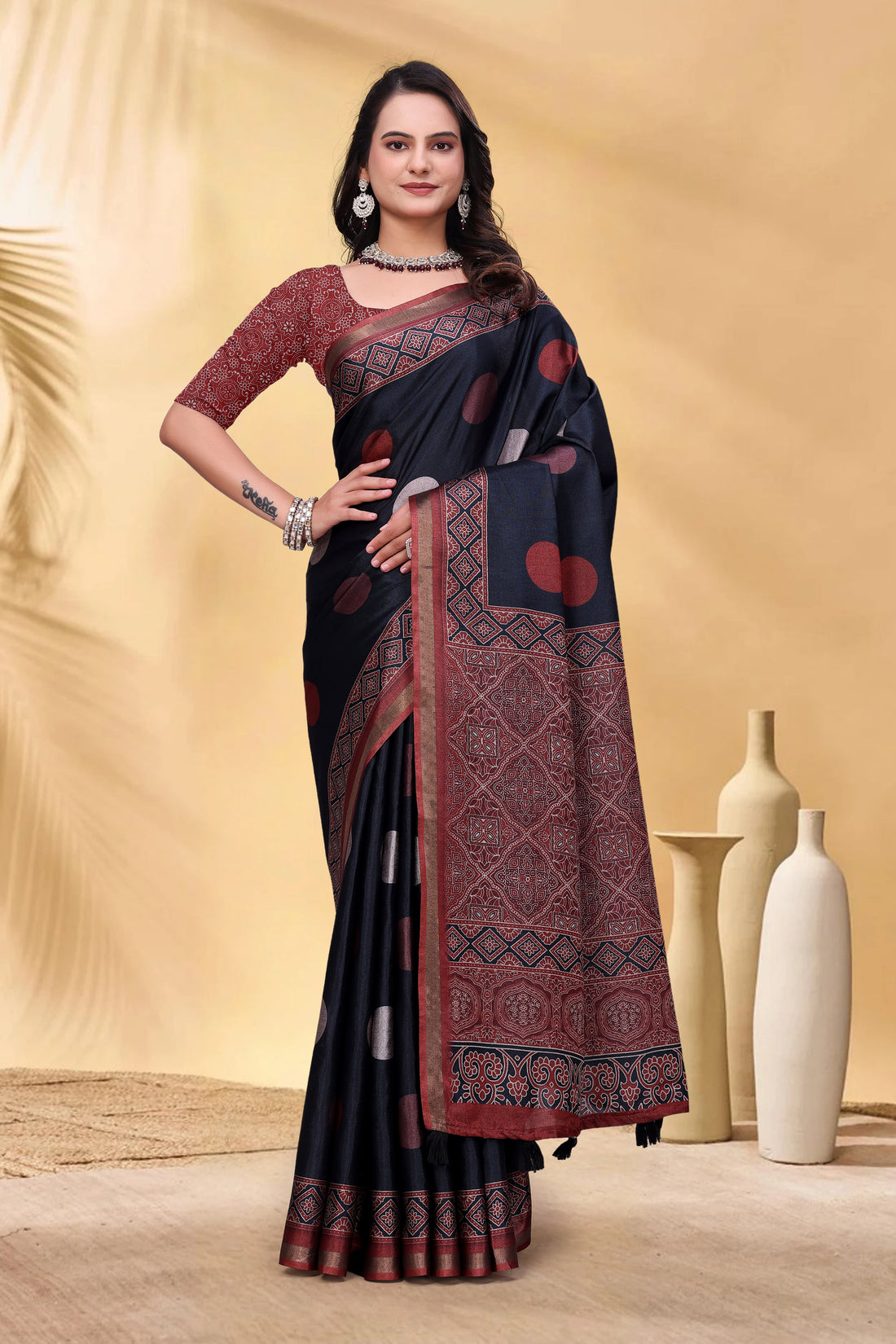 Navy Cotton Saree with Rust Print and Handloom Style Border for Women