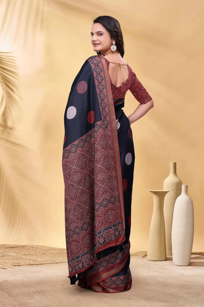 Navy Cotton Saree with Rust Print and Handloom Style Border for Women