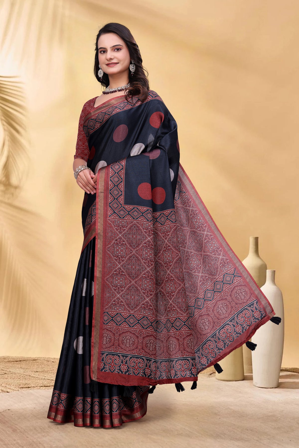 Navy Cotton Saree with Rust Print and Handloom Style Border for Women