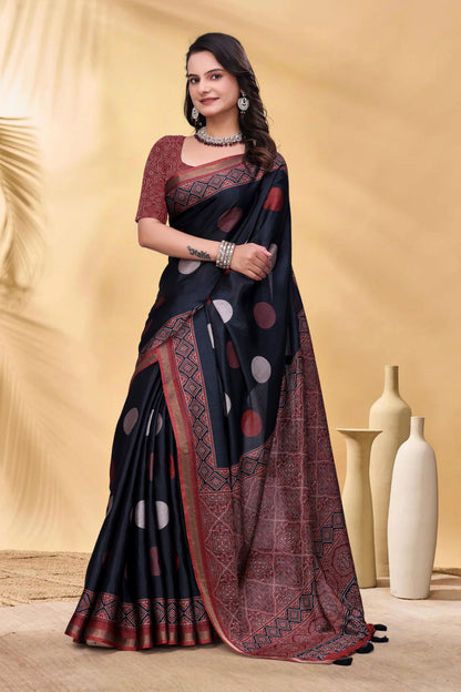 Navy Cotton Saree with Rust Print and Handloom Style Border for Women