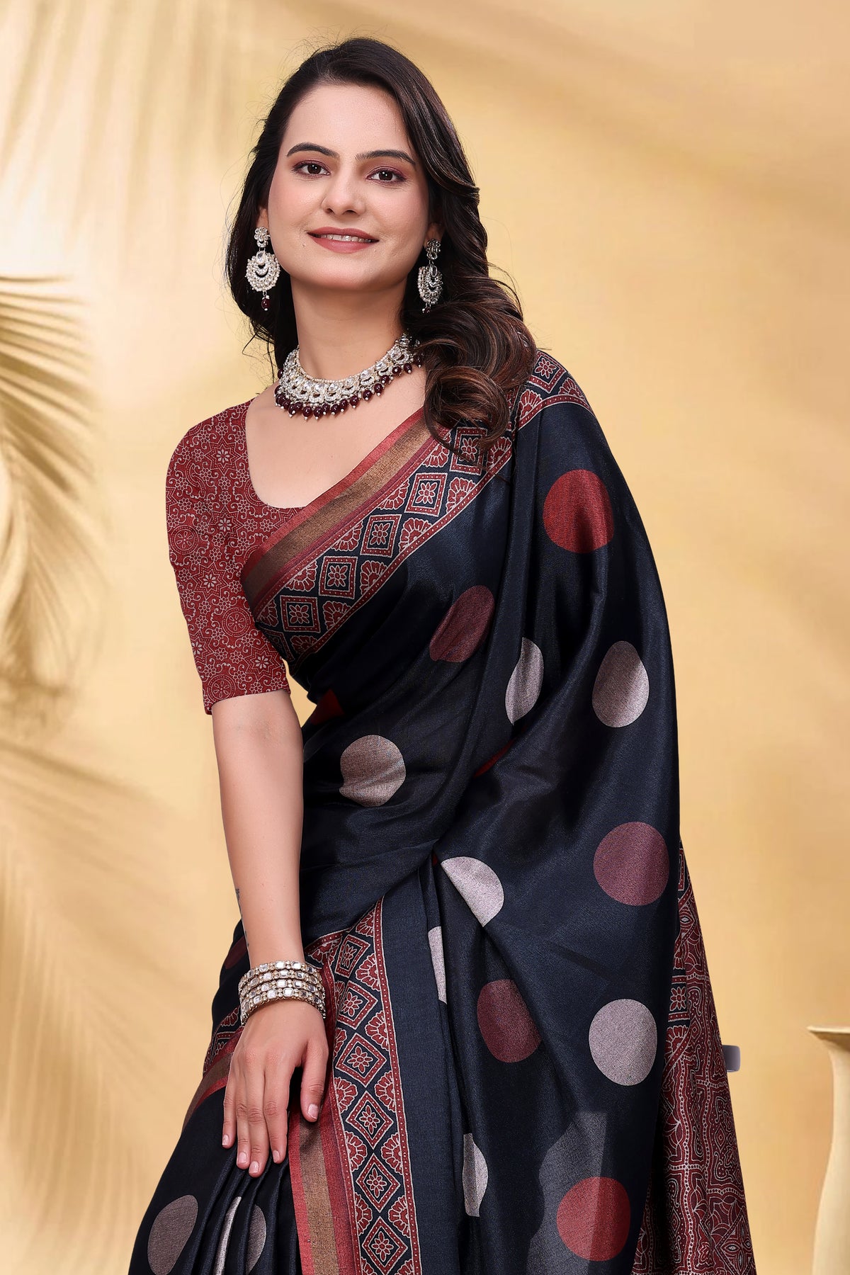 Navy Cotton Saree with Rust Print and Handloom Style Border for Women