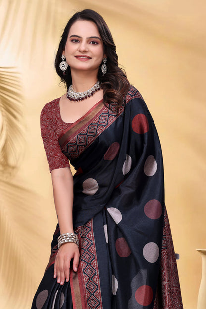Navy Cotton Saree with Rust Print and Handloom Style Border for Women