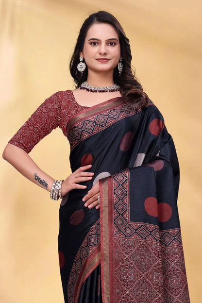 Navy Cotton Saree with Rust Print and Handloom Style Border for Women