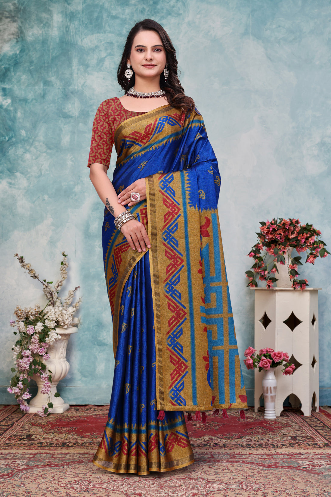 Royal Blue Ethnic Motif Mal Cotton Saree With Gold Border for Women