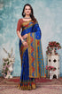 Royal Blue Ethnic Motif Mal Cotton Saree With Gold Border for Women