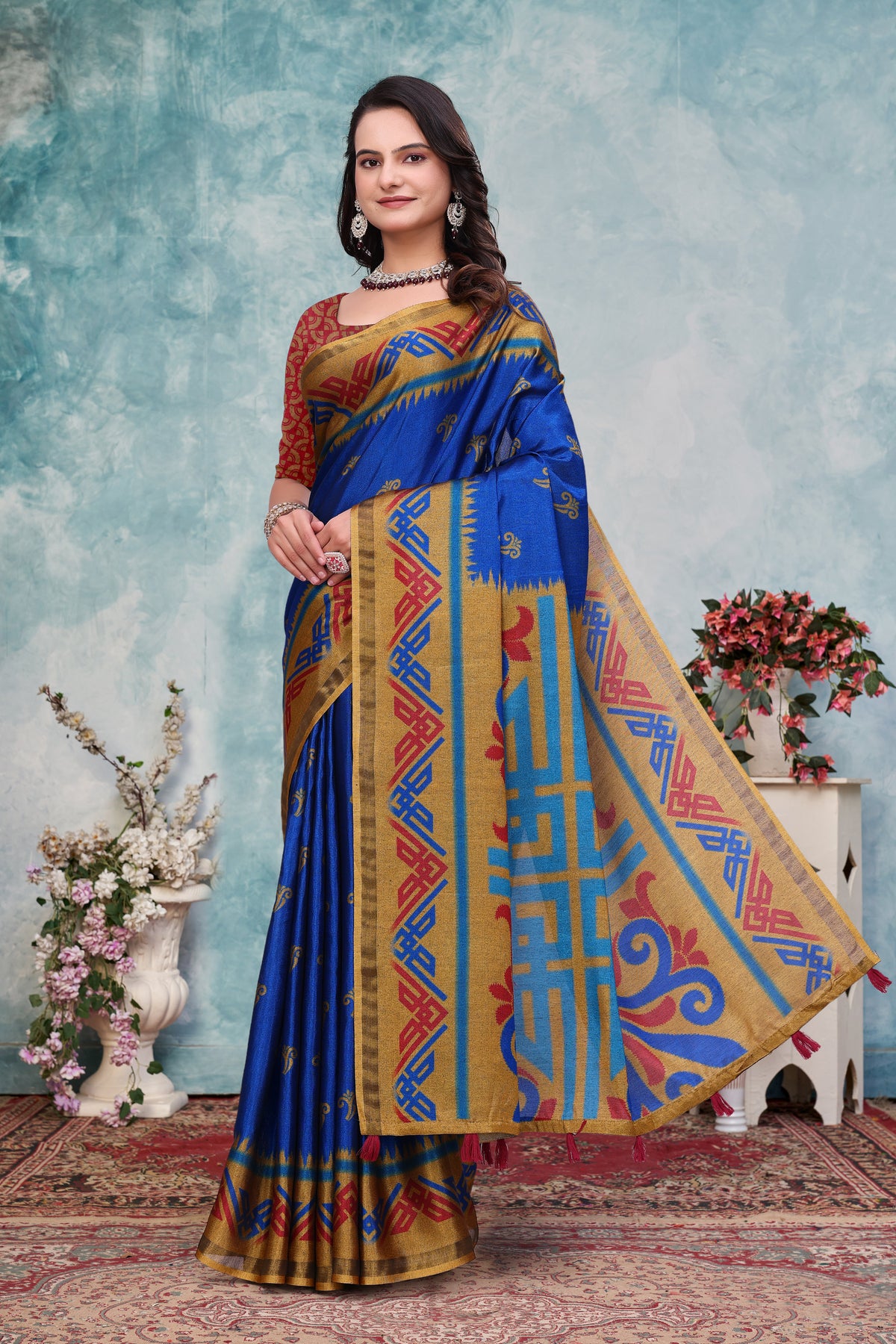 Royal Blue Ethnic Motif Mal Cotton Saree With Gold Border for Women