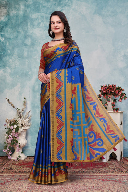 Royal Blue Ethnic Motif Mal Cotton Saree With Gold Border for Women