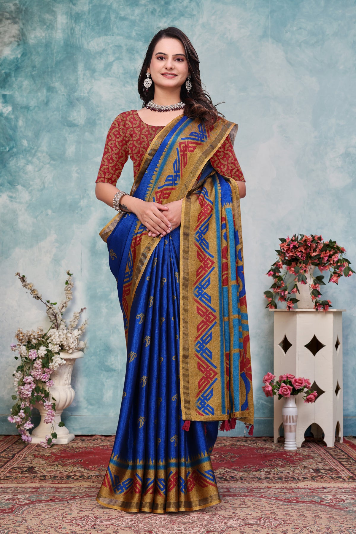 Royal Blue Ethnic Motif Mal Cotton Saree With Gold Border for Women