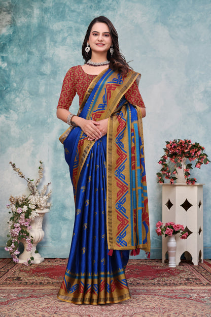 Royal Blue Ethnic Motif Mal Cotton Saree With Gold Border for Women
