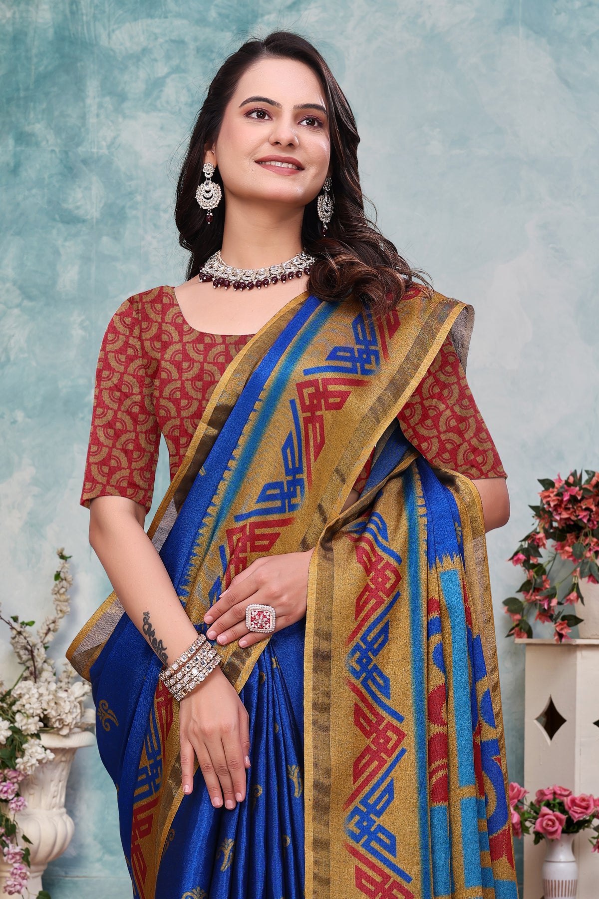 Royal Blue Ethnic Motif Mal Cotton Saree With Gold Border for Women