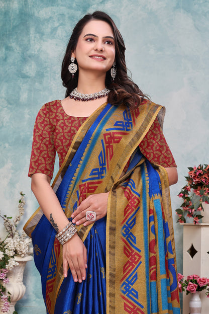 Royal Blue Ethnic Motif Mal Cotton Saree With Gold Border for Women