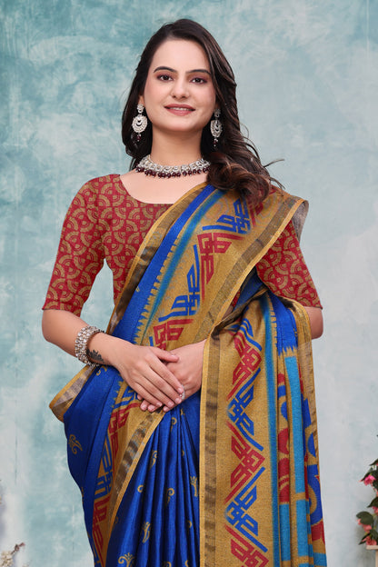 Royal Blue Ethnic Motif Mal Cotton Saree With Gold Border for Women