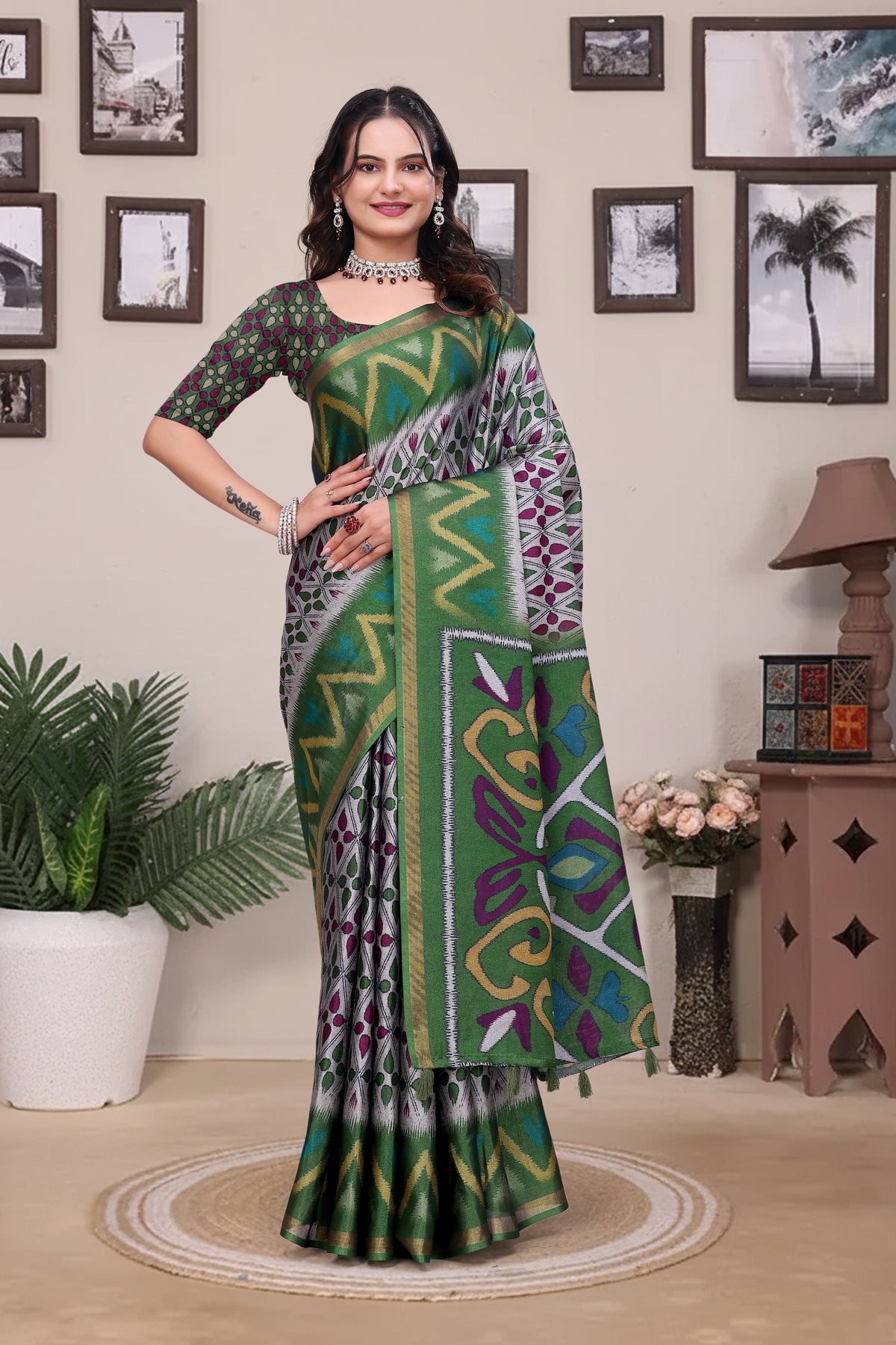 Green Modal Cotton Saree with Geometric Designer Border for Women