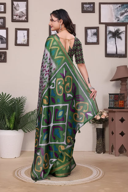 Green Modal Cotton Saree with Geometric Designer Border for Women