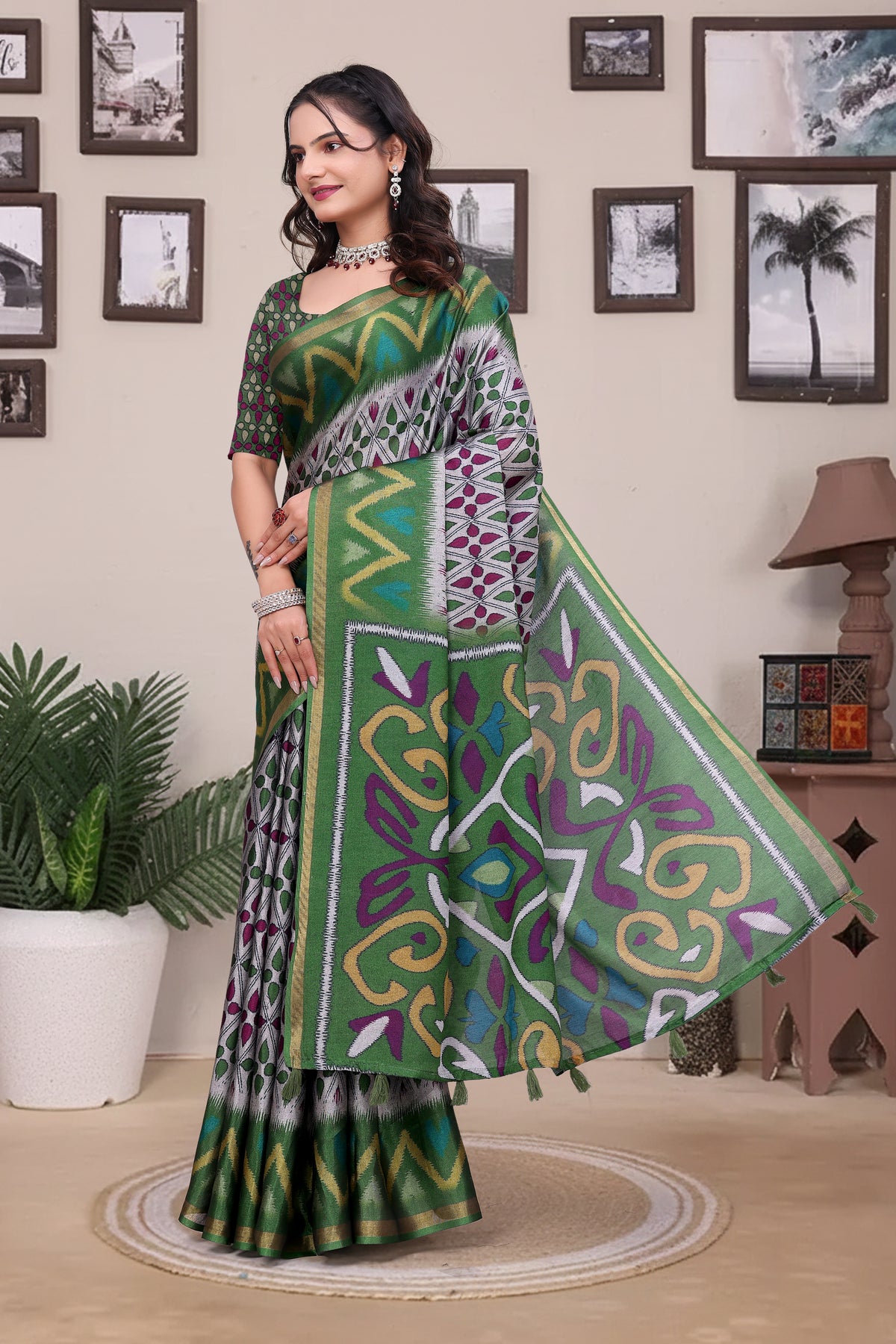 Green Modal Cotton Saree with Geometric Designer Border for Women