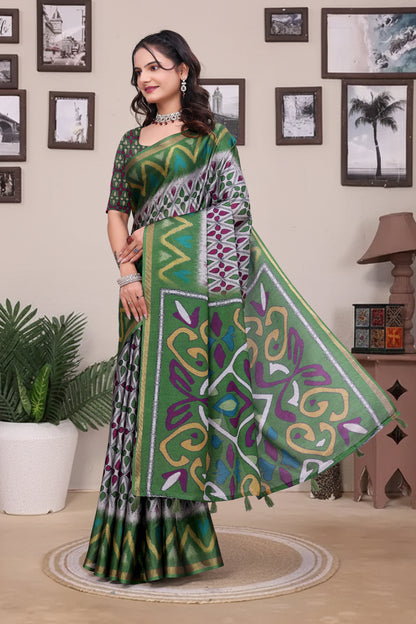 Green Modal Cotton Saree with Geometric Designer Border for Women