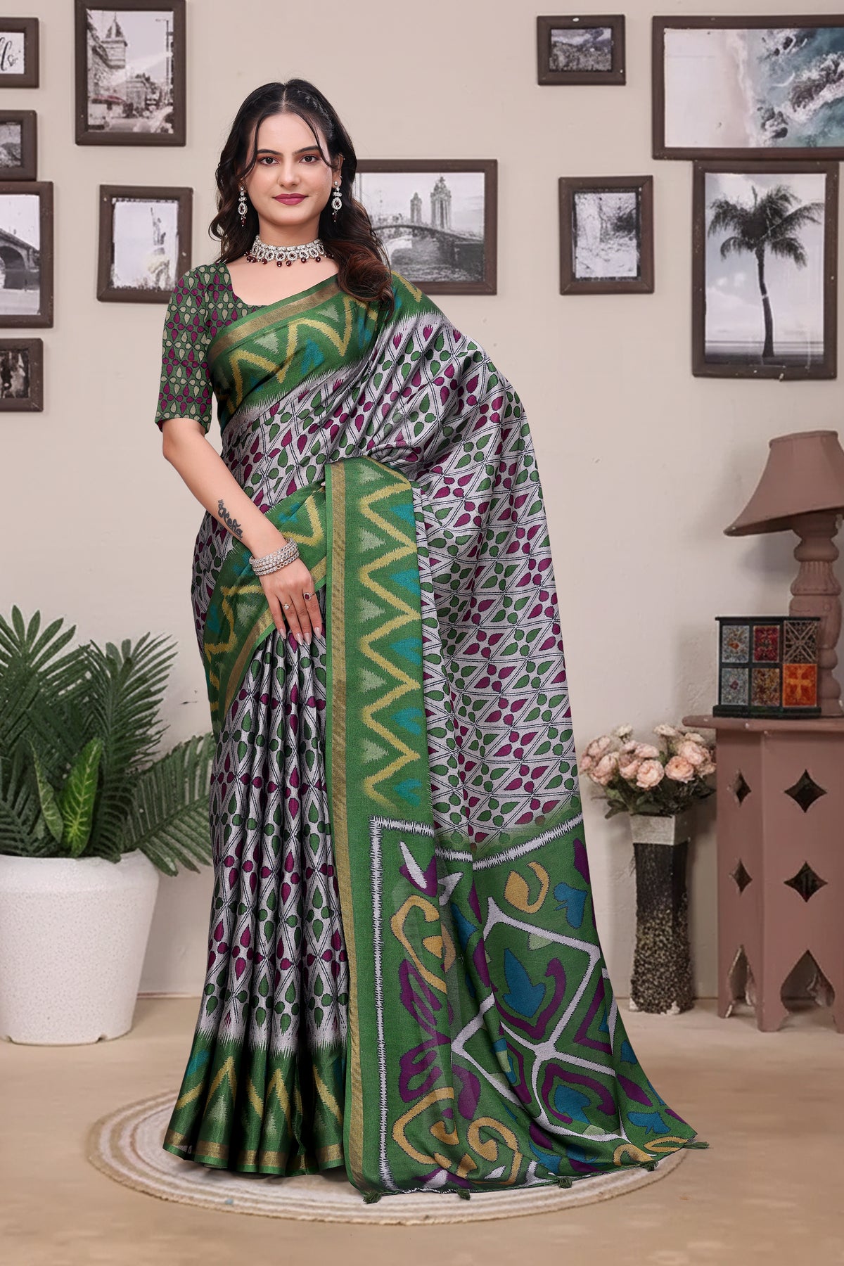 Green Modal Cotton Saree with Geometric Designer Border for Women
