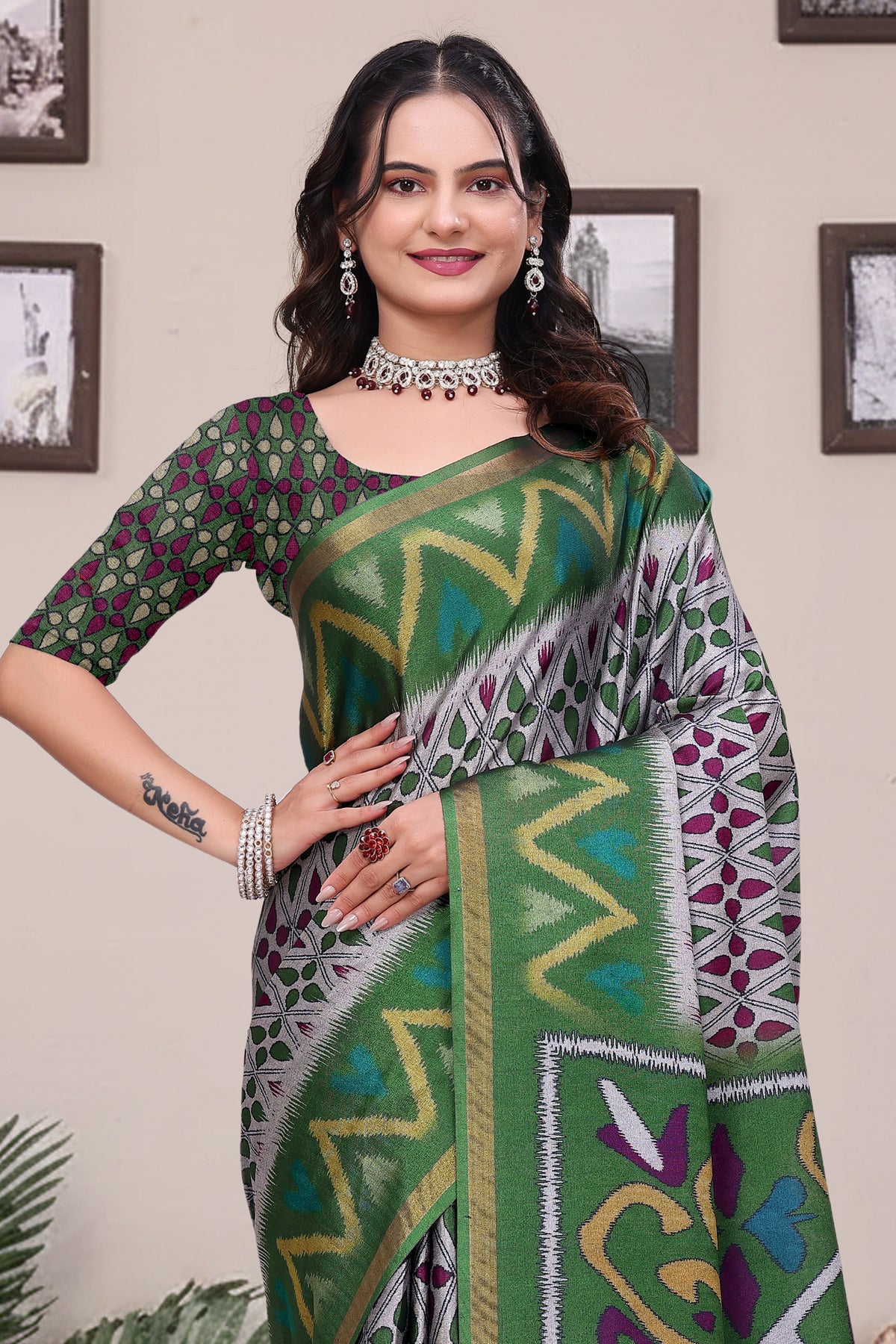 Green Modal Cotton Saree with Geometric Designer Border for Women