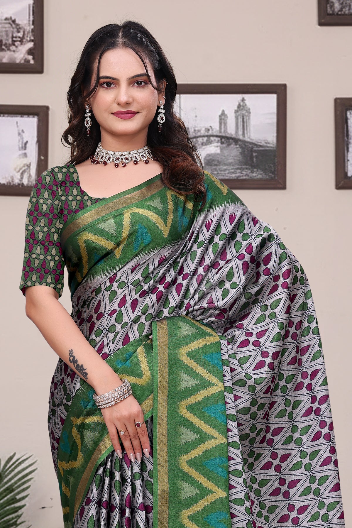 Green Modal Cotton Saree with Geometric Designer Border for Women