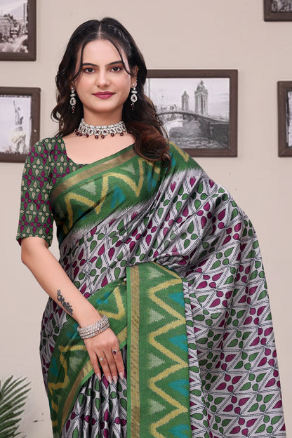 Green Modal Cotton Saree with Geometric Designer Border for Women