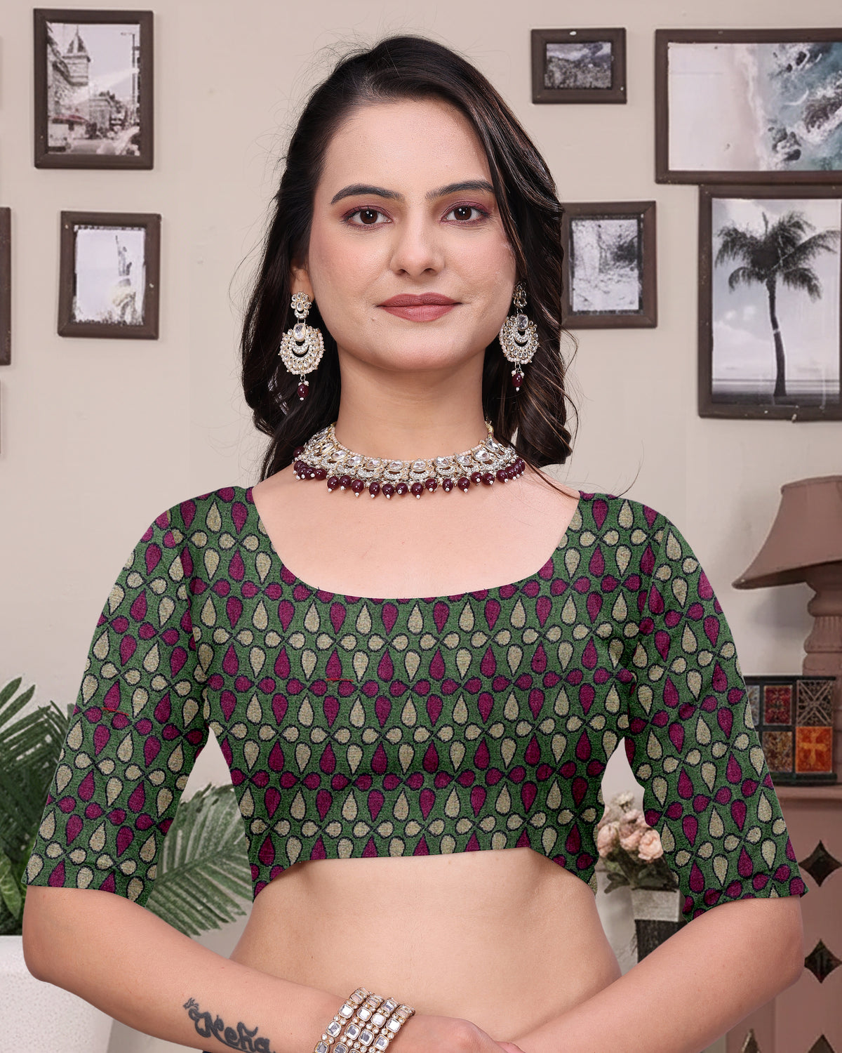 Green Modal Cotton Saree with Geometric Designer Border for Women