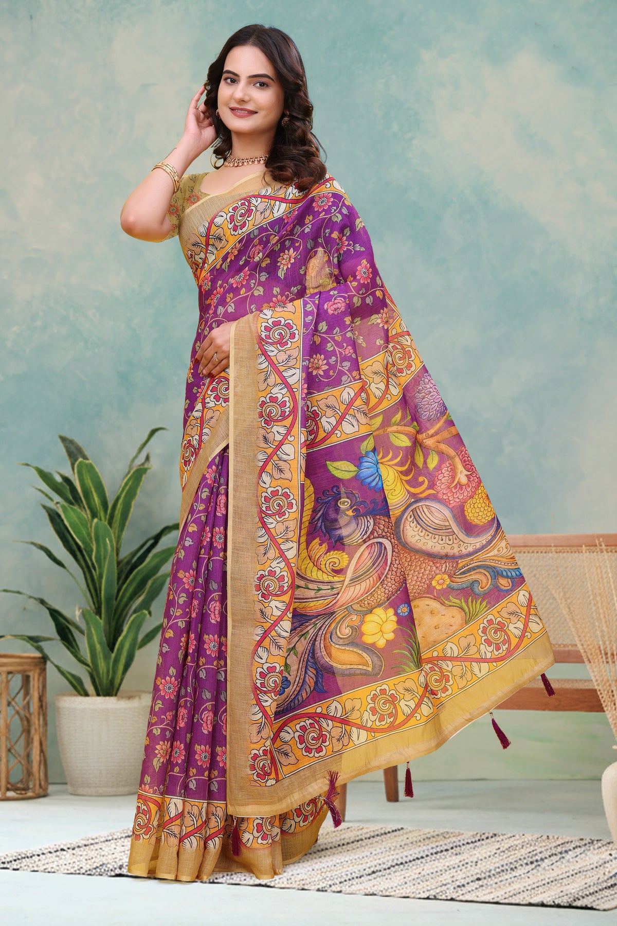 Purple Floral Printed Linen Cotton Saree with Peacock Pallu for Women