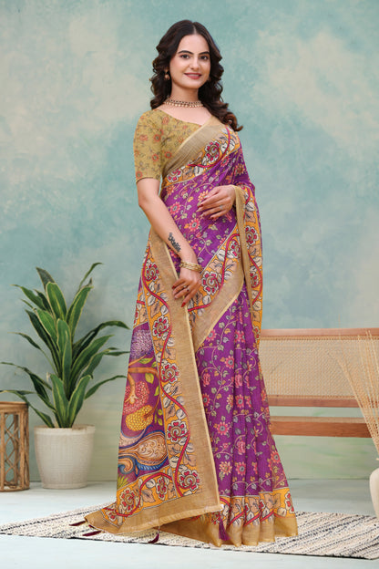 Purple Floral Printed Linen Cotton Saree with Peacock Pallu for Women