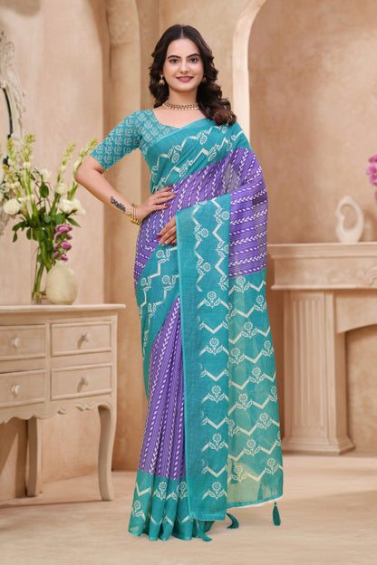 Teal Purple Floral Printed Linen Cotton Saree with Border for Women