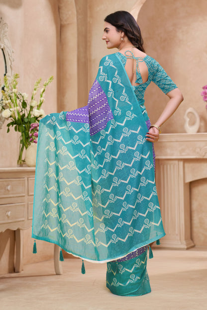 Teal Purple Floral Printed Linen Cotton Saree with Border for Women