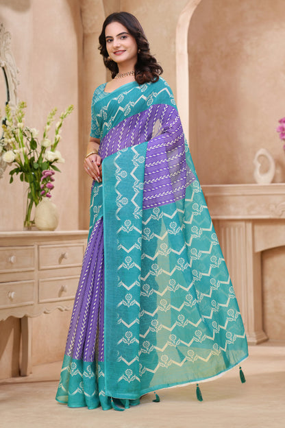 Teal Purple Floral Printed Linen Cotton Saree with Border for Women