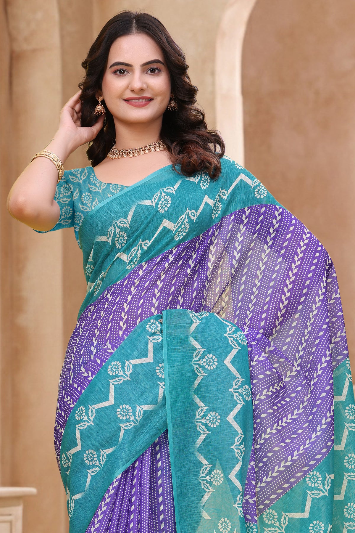 Teal Purple Floral Printed Linen Cotton Saree with Border for Women