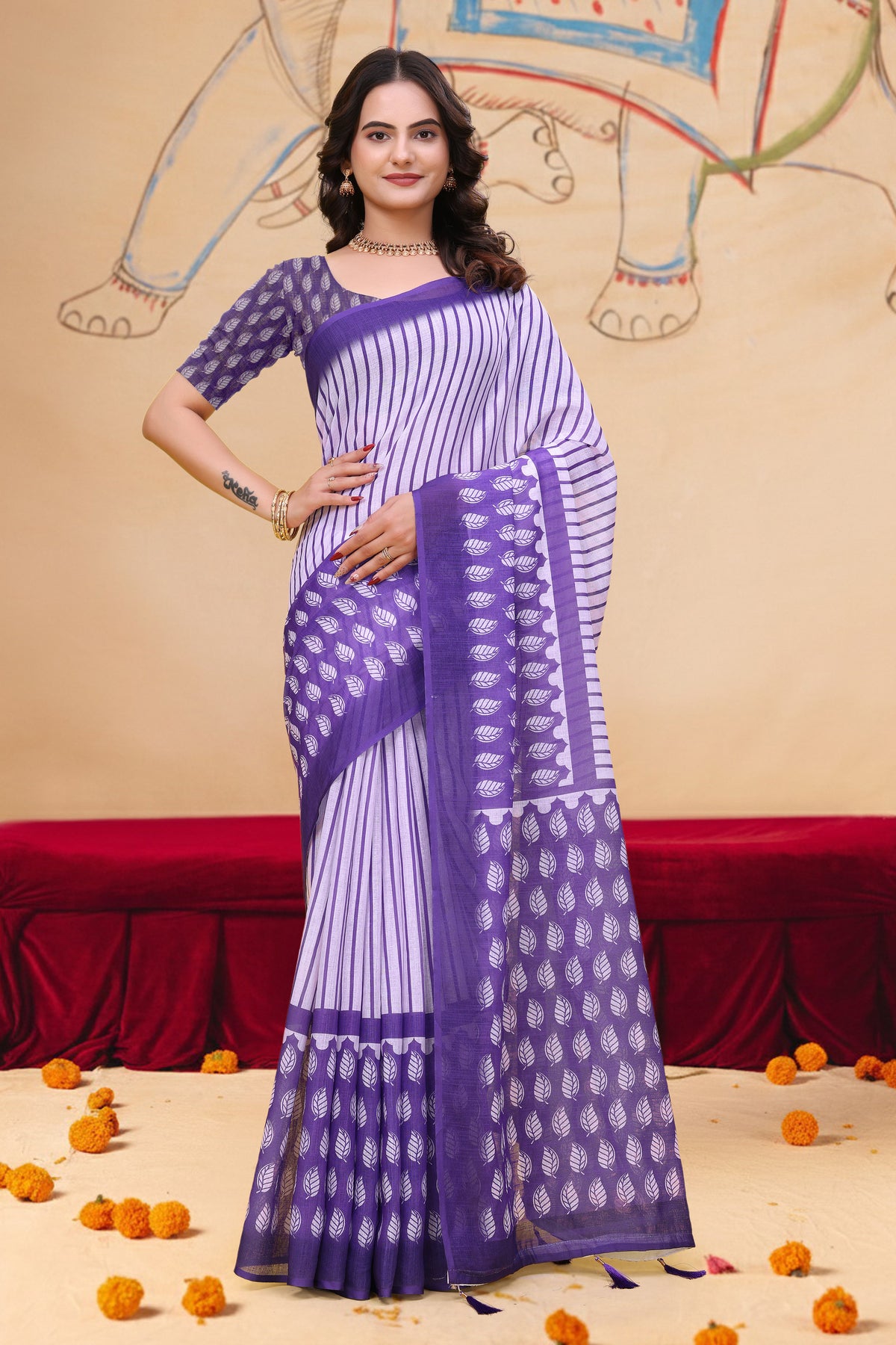 Purple Linen Cotton Saree with Leaf Print and Striped Pallu for Women