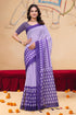 Purple Linen Cotton Saree with Leaf Print and Striped Pallu for Women