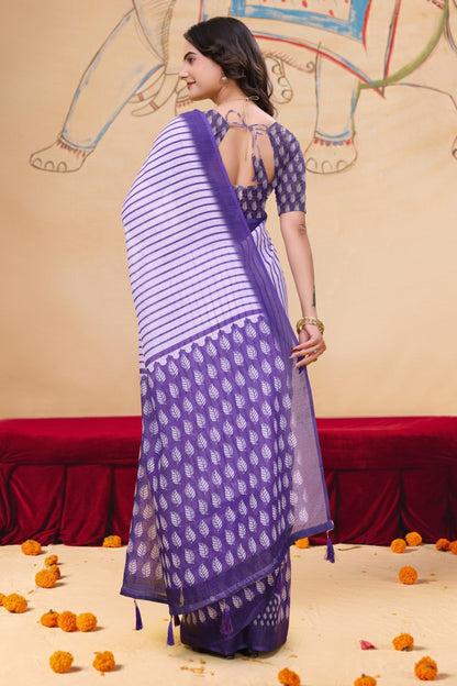 Purple Linen Cotton Saree with Leaf Print and Striped Pallu for Women