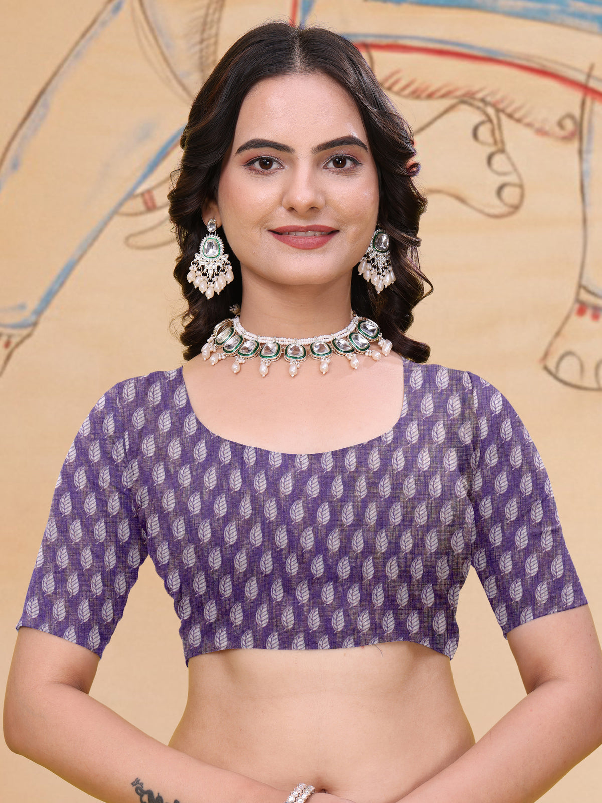 Purple Linen Cotton Saree with Leaf Print and Striped Pallu for Women