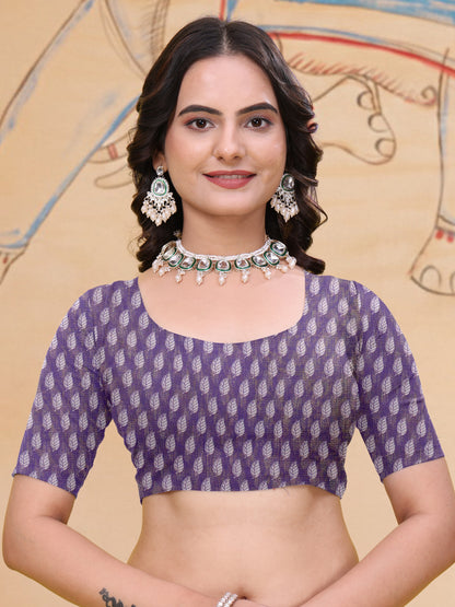 Purple Linen Cotton Saree with Leaf Print and Striped Pallu for Women