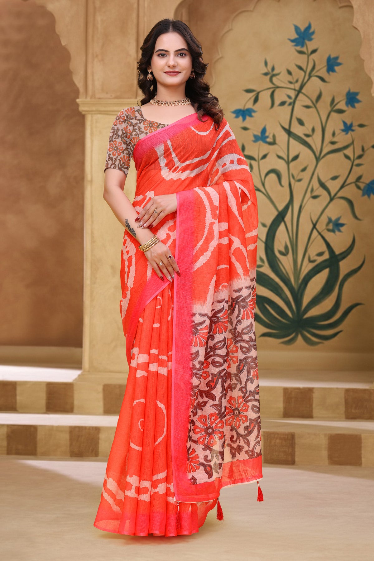 Coral Abstract Linen Cotton Saree with Floral Printed Pallu for Women