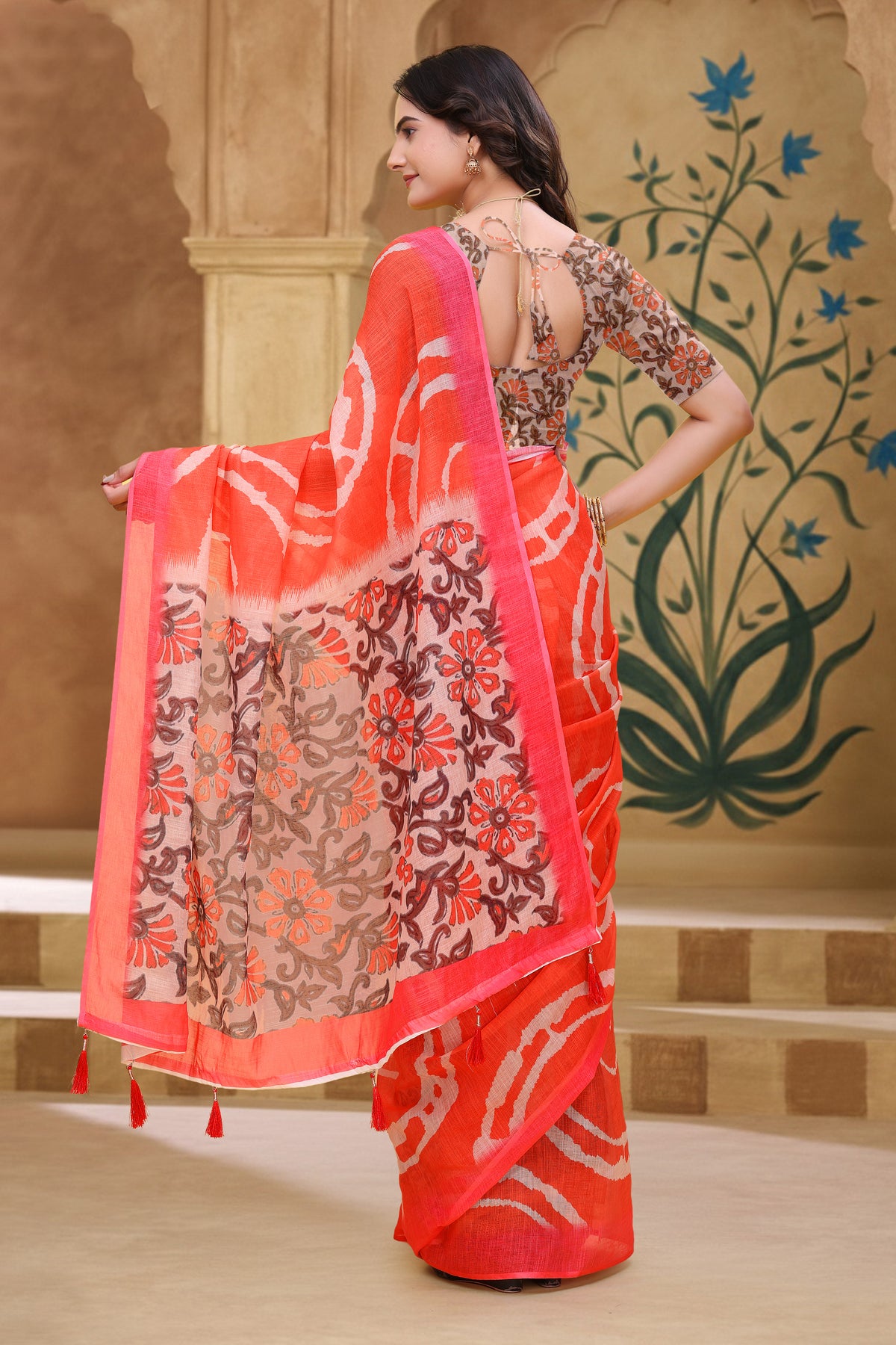 Coral Abstract Linen Cotton Saree with Floral Printed Pallu for Women