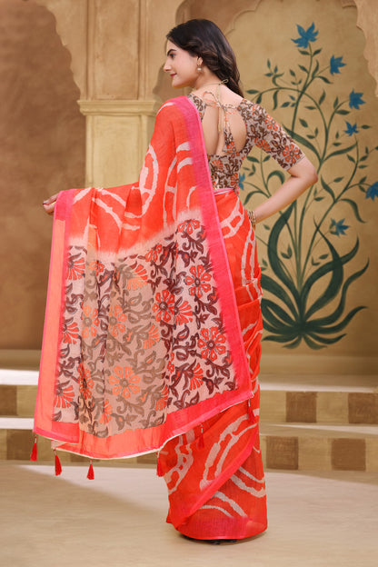 Coral Abstract Linen Cotton Saree with Floral Printed Pallu for Women