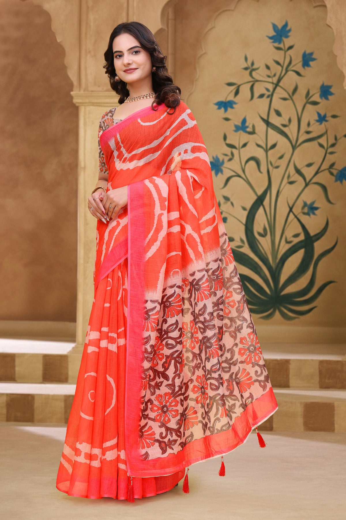 Coral Abstract Linen Cotton Saree with Floral Printed Pallu for Women