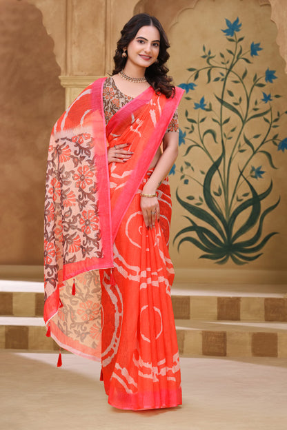Coral Abstract Linen Cotton Saree with Floral Printed Pallu for Women