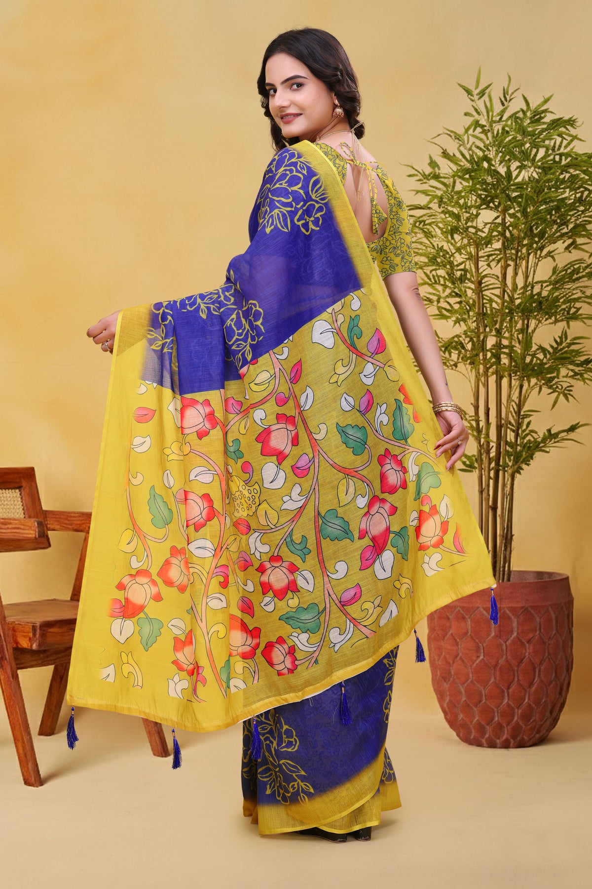 Blue Linen Cotton Floral Print Saree with Yellow Border for Women