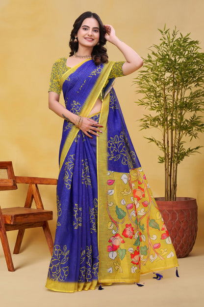 Blue Linen Cotton Floral Print Saree with Yellow Border for Women