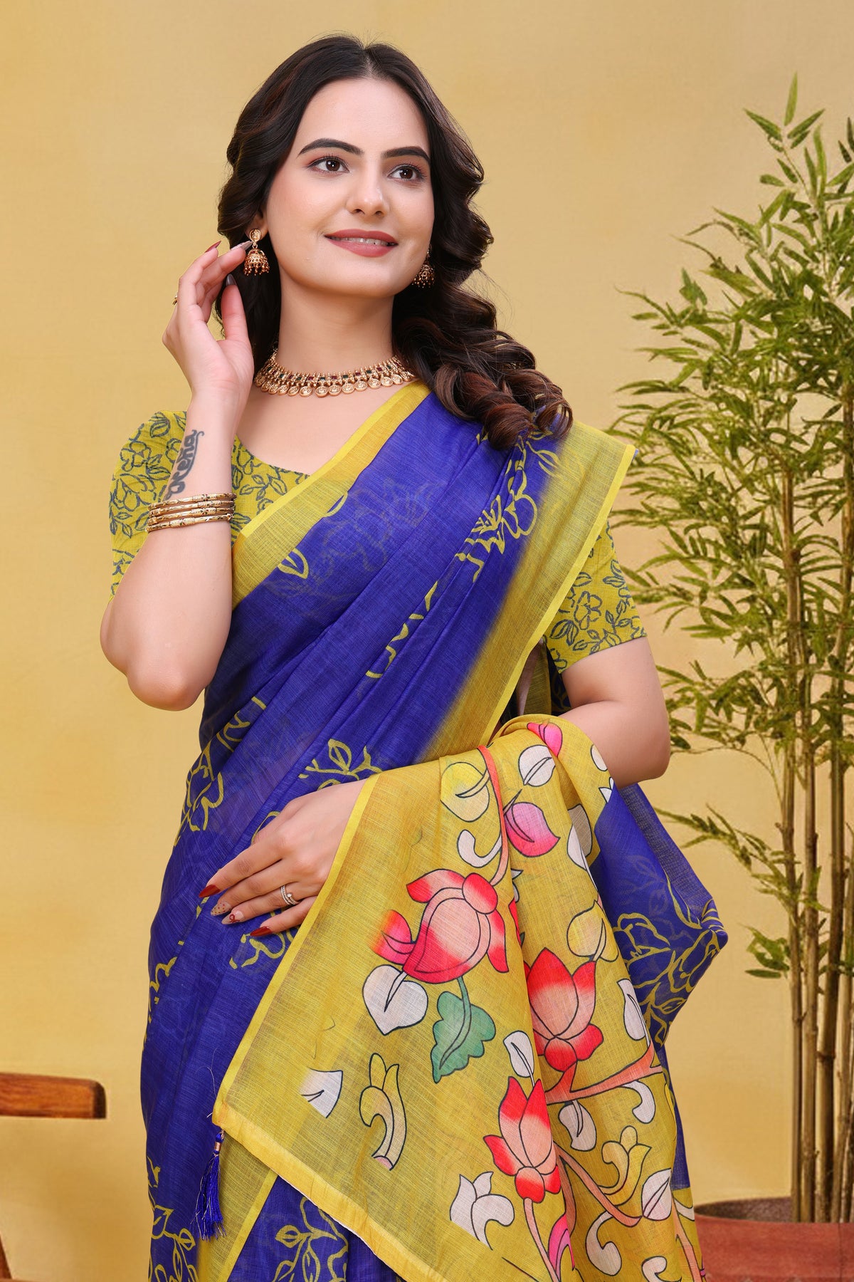 Blue Linen Cotton Floral Print Saree with Yellow Border for Women