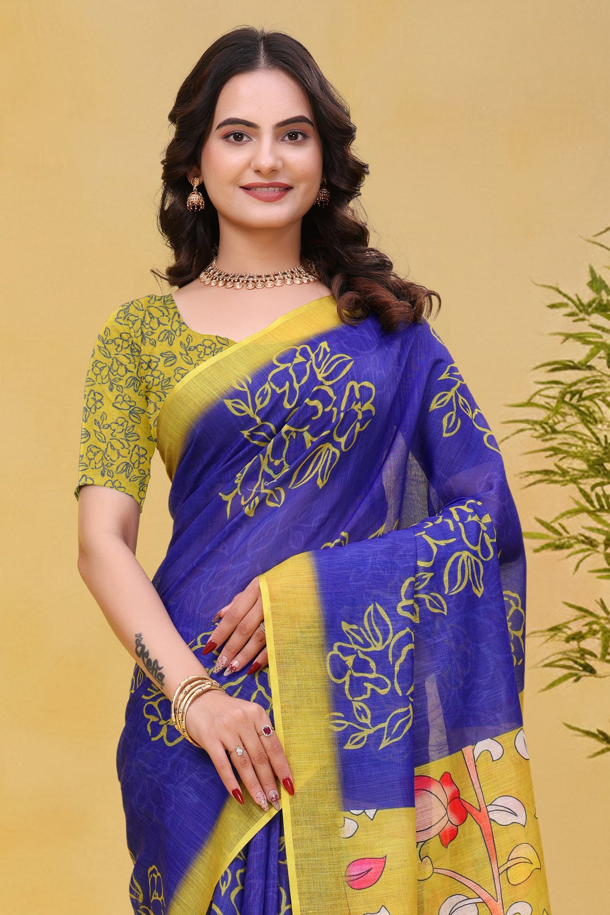 Blue Linen Cotton Floral Print Saree with Yellow Border for Women