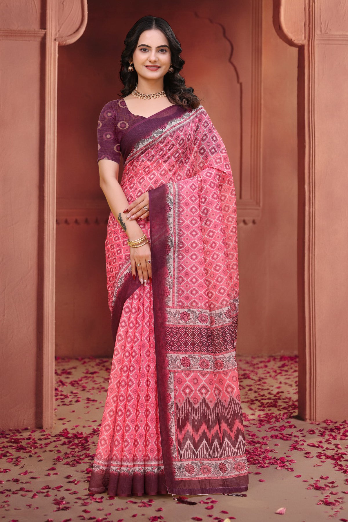 Pink Geometric Print Linen Cotton Saree with Maroon Borders for Women