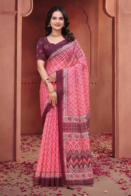 Pink Geometric Print Linen Cotton Saree with Maroon Borders for Women